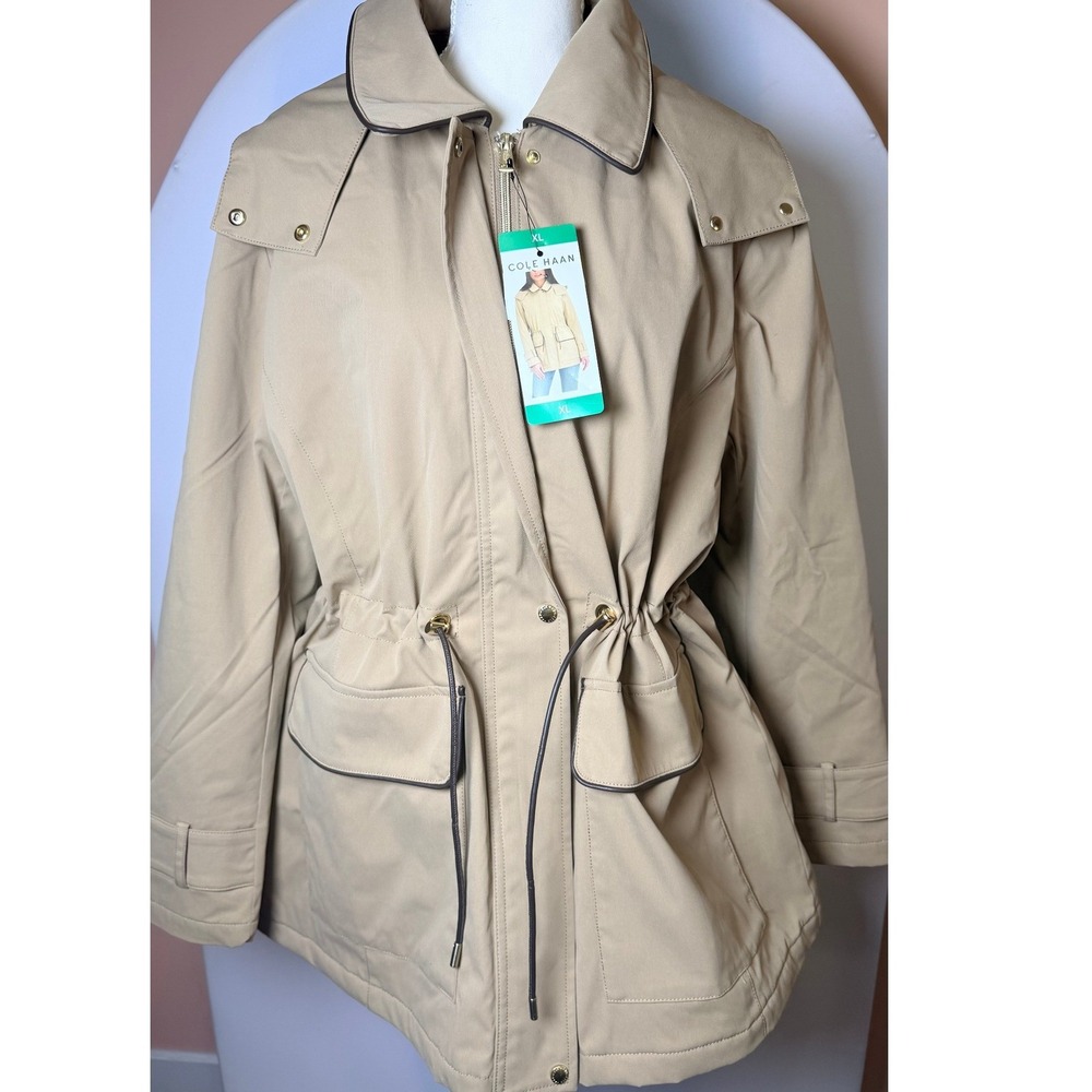 Cole Haan Signature Womens XL Anorak Jacket Beige Hooded Quilted Lined NWT